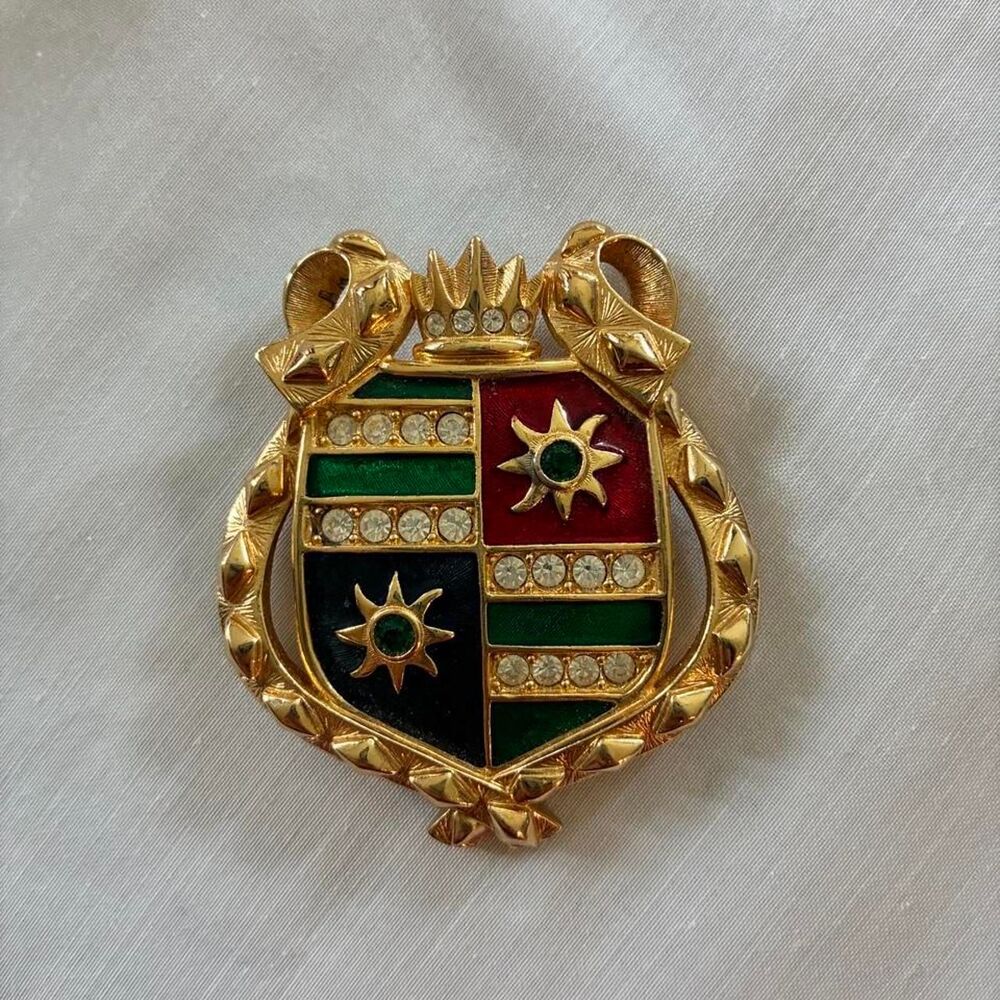 Vintage 90s Signed Swan Swarovski Crystal & Enamel Shield Brooch